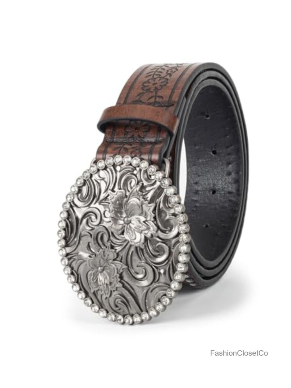 Western Belt Rhinestone Cowgirl PU Leather Flower Buckle Adjustable